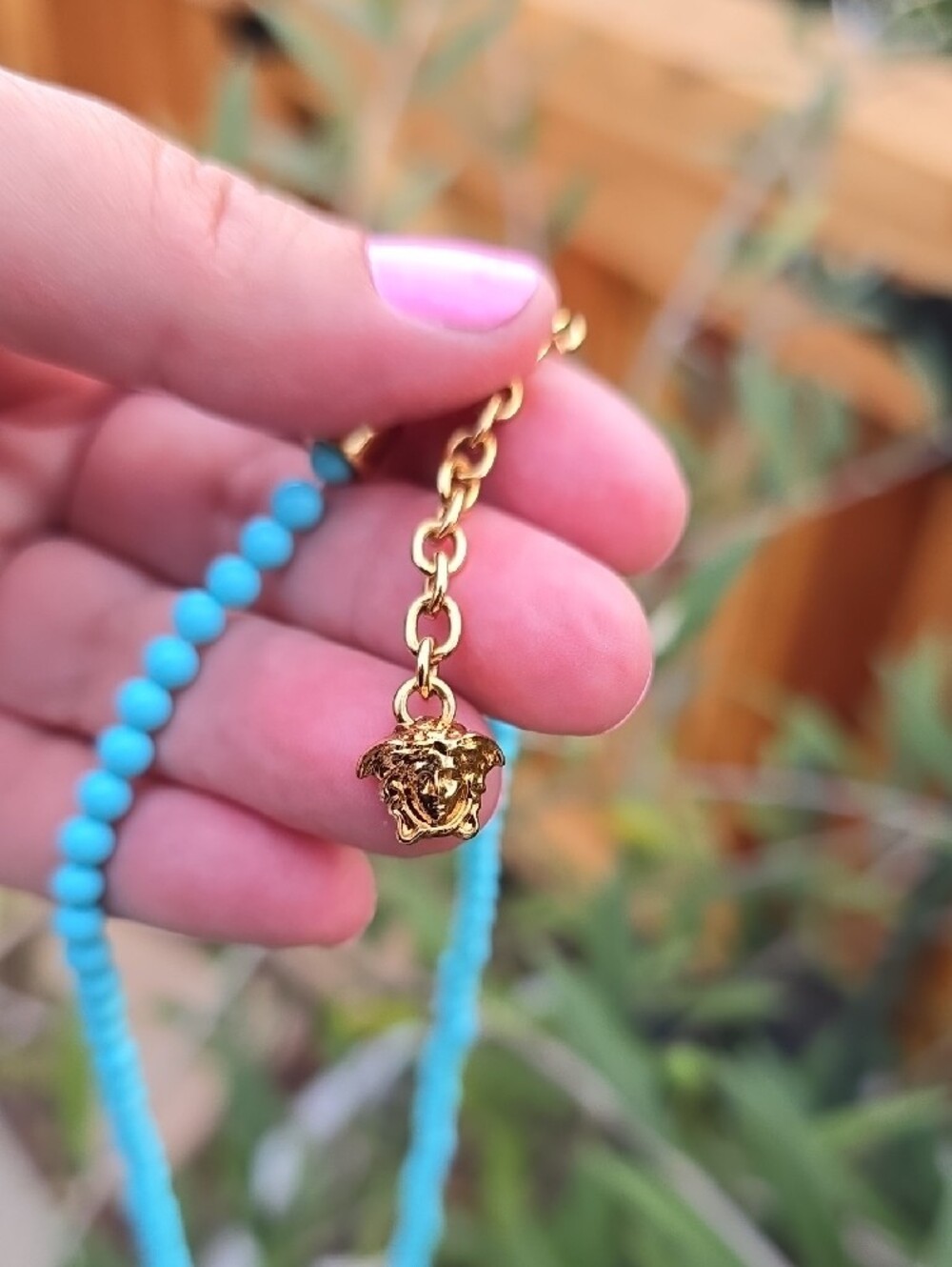 Versace Turquoise Beaded Necklace with Gold Medallion - Picture 6 of 8